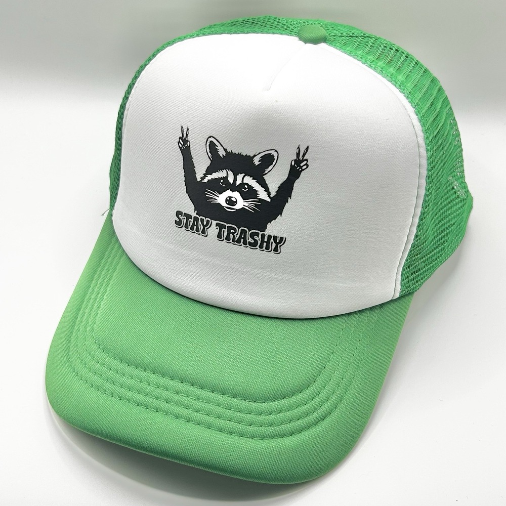 Stay Trashy Raccoon Animal Foam Trucker Hat Cap Snapback Adjustable Green Casual